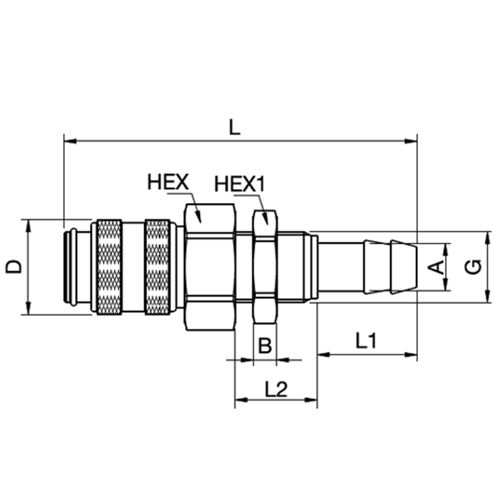 Serie 21 - Dry-Break (double shot-off) Hun Lynkobling - Panelmonteret Med Slangestuds - Messing