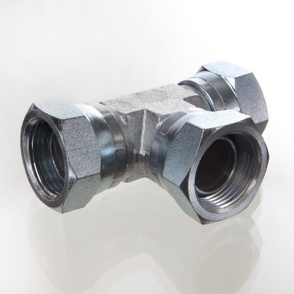 Hydr. Adaptor, TEE: Omløber/Omløber/Omløber - BSP, Konus, 60 ° / BSP, Konus, 60 ° /  Konus, 60 °