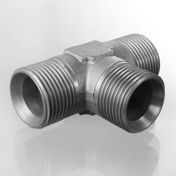 Hydr. Adaptor, TEE: Han/Han/Han - BSP, Udkravning, 60 ° / BSP, Udkravning, 60 ° / BSP Udkravning, 60 °