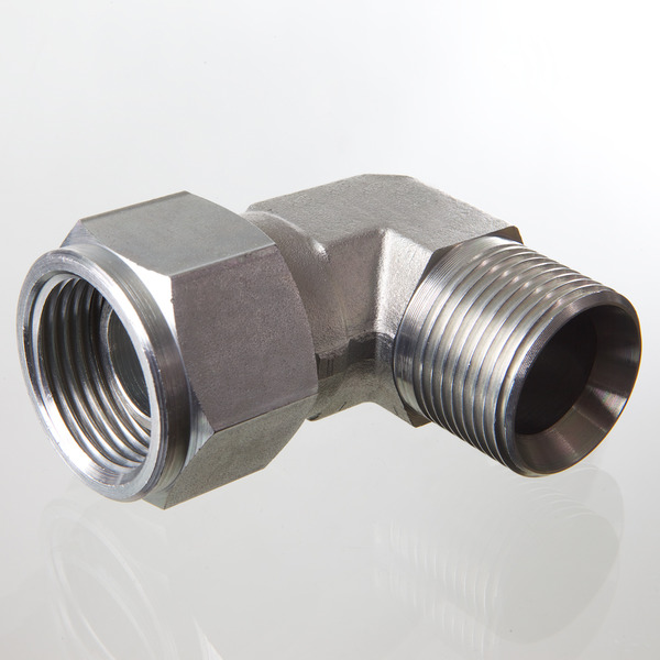 Hydr. Adaptor, Vinkel 90 °: Omløber/Han - BSP, Konus m/O-ring, 24 ° / BSP, Udkravning, 60 °