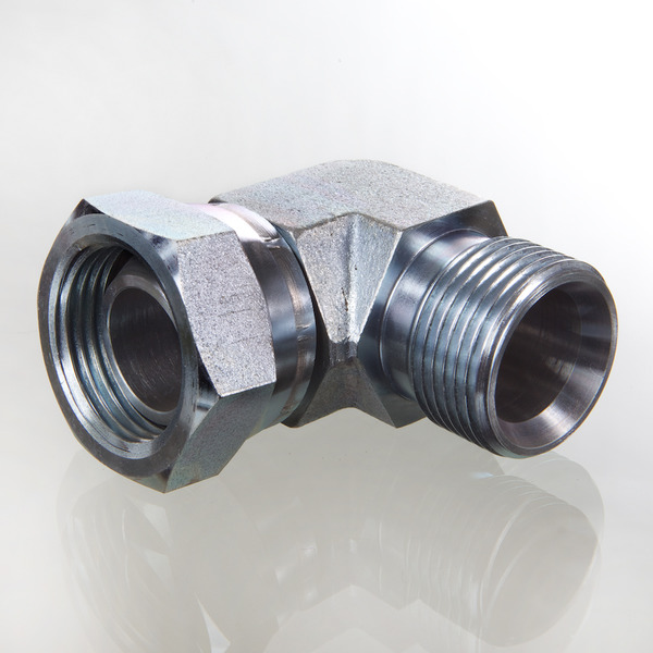 Hydr. Adaptor, Vinkel 90 °: Omløber/Han - BSP, Konus, 60 ° / BSP, Udkravning, 60 °