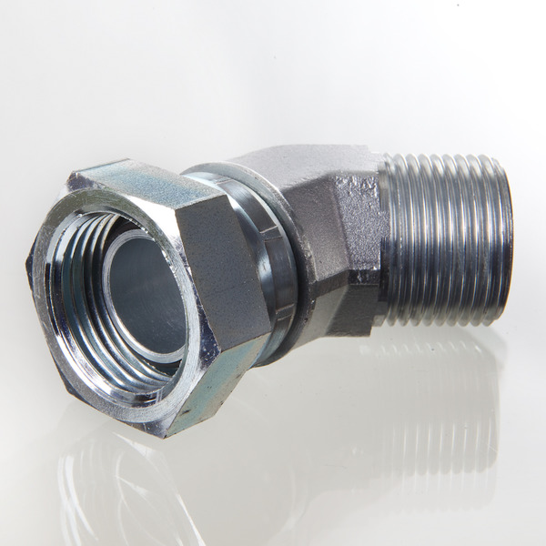 Hydr. Adaptor, Vinkel 45 °: Omløber/Han - BSP, Konus m/O-ring, 24 ° / BSP, Udkravning, 60 °