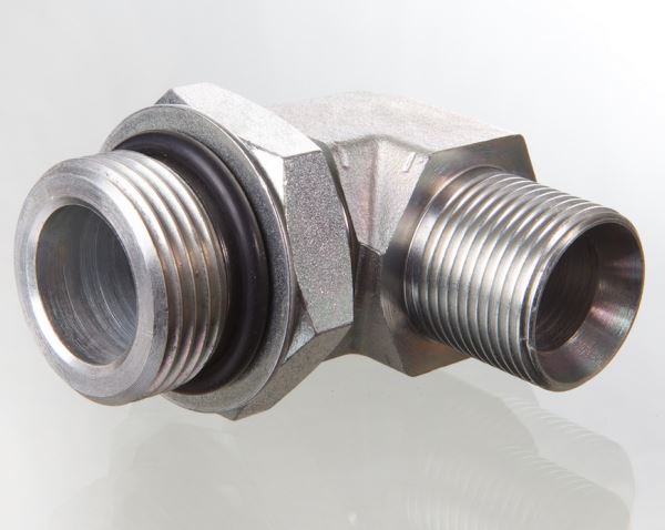 Hydr. Adaptor, Vinkel 90 °: Han/Han - UNF, O-ring / BSP, Udkravning, 60 °