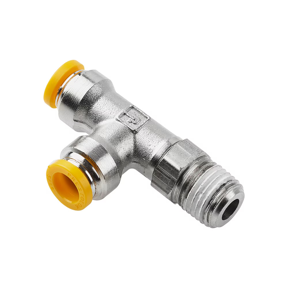 Push-to-Connect Nickel Plated Instant Fittings - Prestolok PLP Metal Run Tee - Swivel Push-to-Connect Male BSPT Tube to Pipe