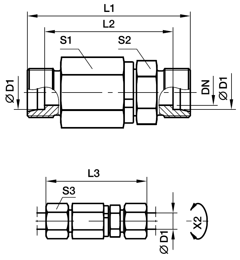 Drejesvivel med kugleleje lige Samler- EO 24° Konus Ende / EO 24° Konus Ende