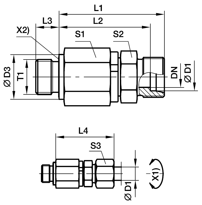 Drejesvivel med Kugleleje lige Samler- Udvendig Metrisk Gevind – ED-Pakning / EO 24° Konus Ende