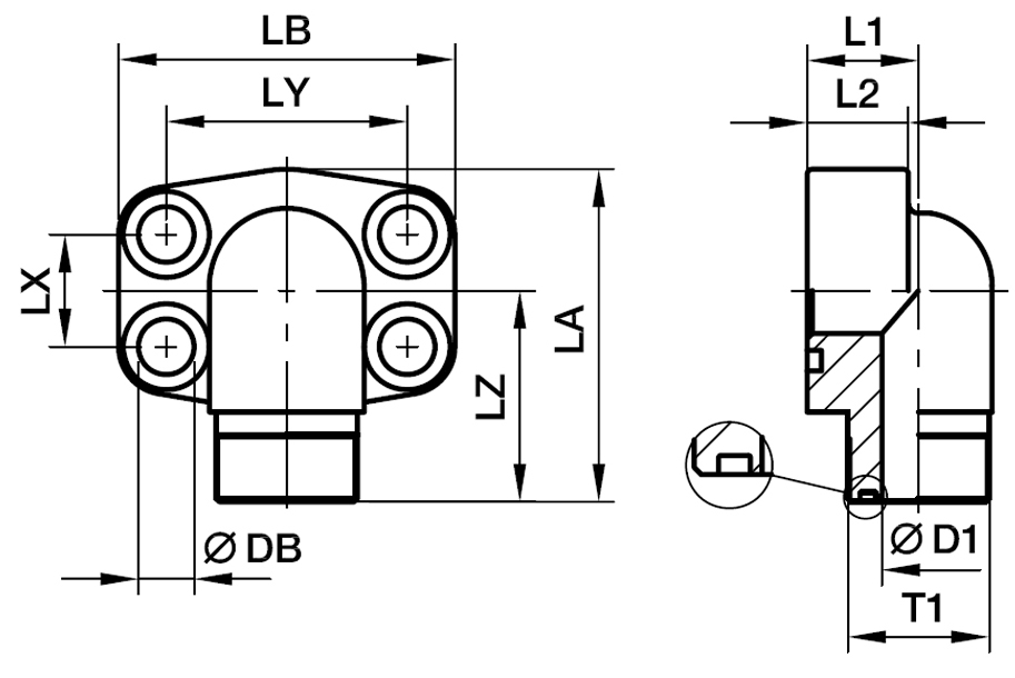 SAE 90° 4 Bolt Flange Med O-Lok® ORFS Ende - SAE 90° Flange / O-Lok® ORFS Ende