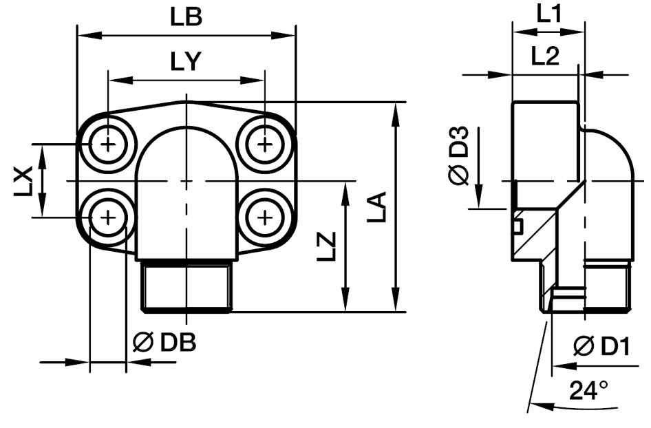 SAE 90° 4 Bolt Flange Med EO 24° Konus Ende - SAE 90° Flange / EO 24° Konus Ende