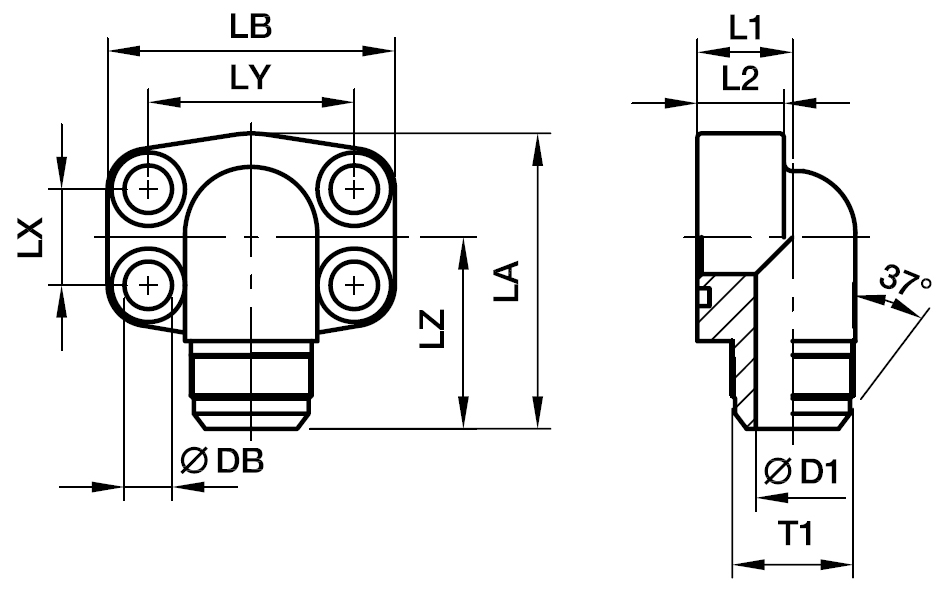 SAE 90° 4 Bolt Flange Med Triple-Lok® 37° Udkravet Ende - SAE 90° Flange / Triple-Lok® 37° Udkravet Ende