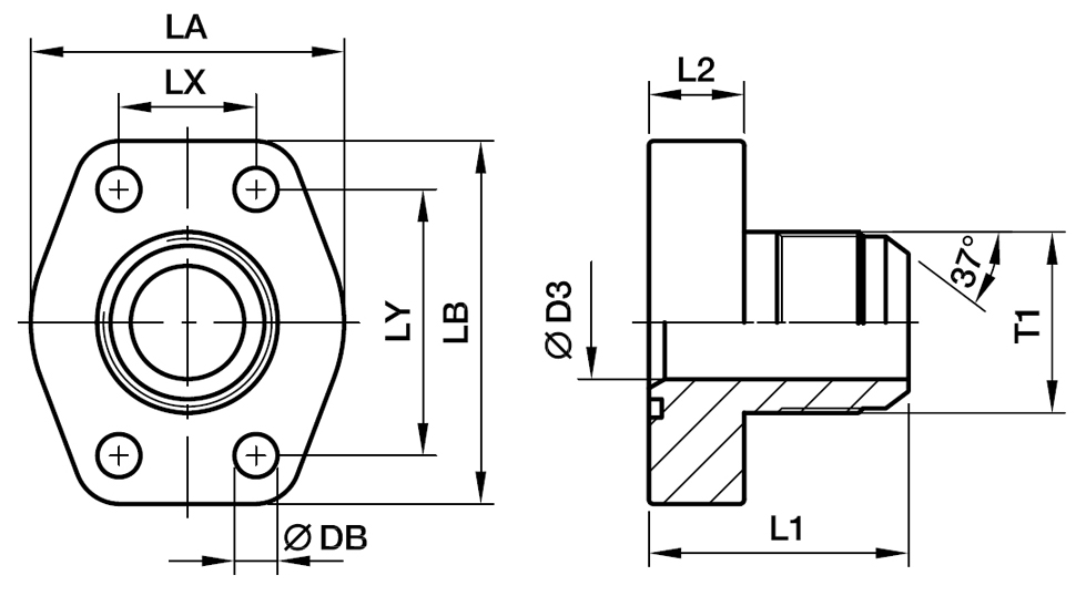 SAE Lige 4 Bolt Flange Med Triple-Lok® 37° Udkravet Ende - SAE Flange / Triple-Lok® 37° Udkravet Ende