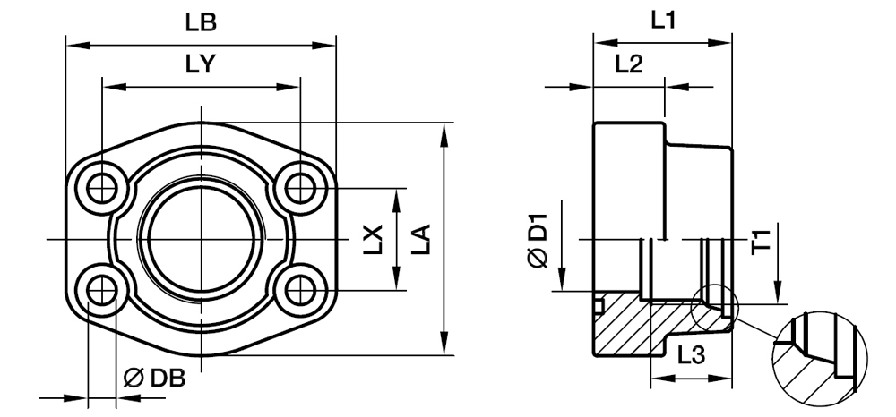 SAE Lige 4 Bolt Flange Med Metrisk Gevind - SAE Flange / Indvendig  Metrisk Gevind for O-ring