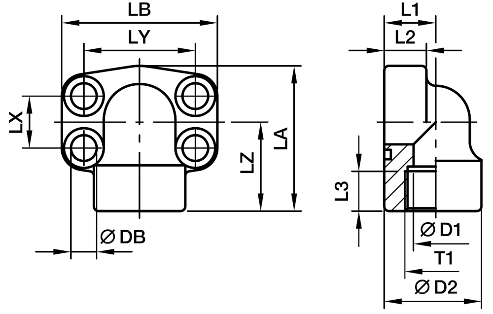 SAE 90° 4 Bolt Flange Med BSPP Gevind - SAE 90° Flange / Indvendig  BSPP Gevind