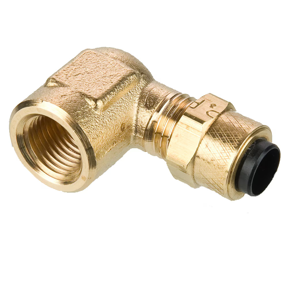 Brass Compression Fittings for Thermoplastic and Soft Metal Tubing - Poly-Tite. 90° Elbow Tube to Female Pipe