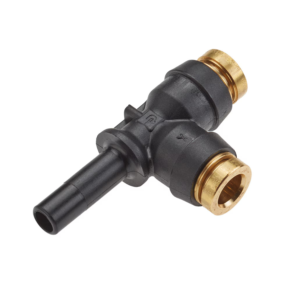 Air Brake D.O.T. composite & brass push-to-connect fittings - PTC & PTCR Run Tee - Plug-in Tube to Plug-In Stem Push-to-Connect Plug-in Stem