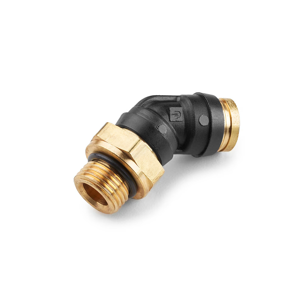 Air Brake D.O.T. composite & brass push-to-connect fittings - PTC & PTCR Elbow 45° - Rigid Swivel Tube to Pipe Push-to-Connect Male Metric MA16