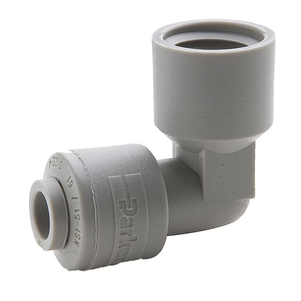 Push-to-Connect all plastic FDA compliant fitting, Parker TrueSeal Elbow 90° Push-to-Connect Female NPT