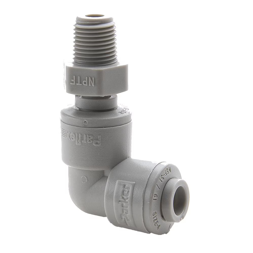 Push-to-Connect all plastic FDA compliant fitting, Parker TrueSeal Elbow 90° - Swivel Push-to-Connect Male NPT