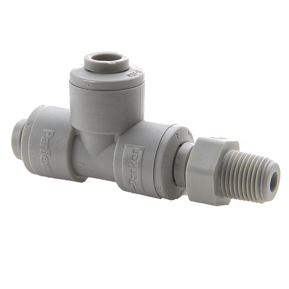 Push-to-Connect all plastic FDA compliant fitting, Parker TrueSeal Run Tee Push-to-Connect Male NPT