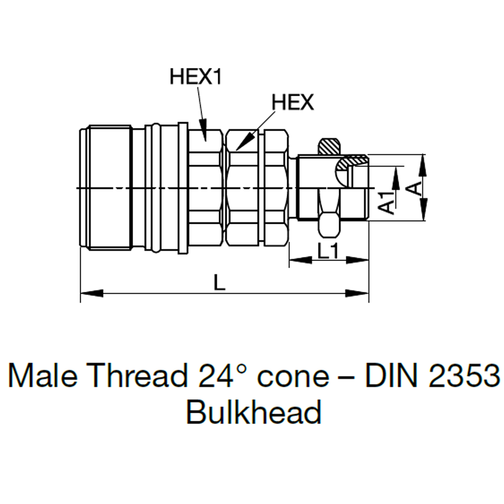 Serie QHPA Skruelynkobling Hun - Udvendig Gevind 24° Konus - Skotgennemføring