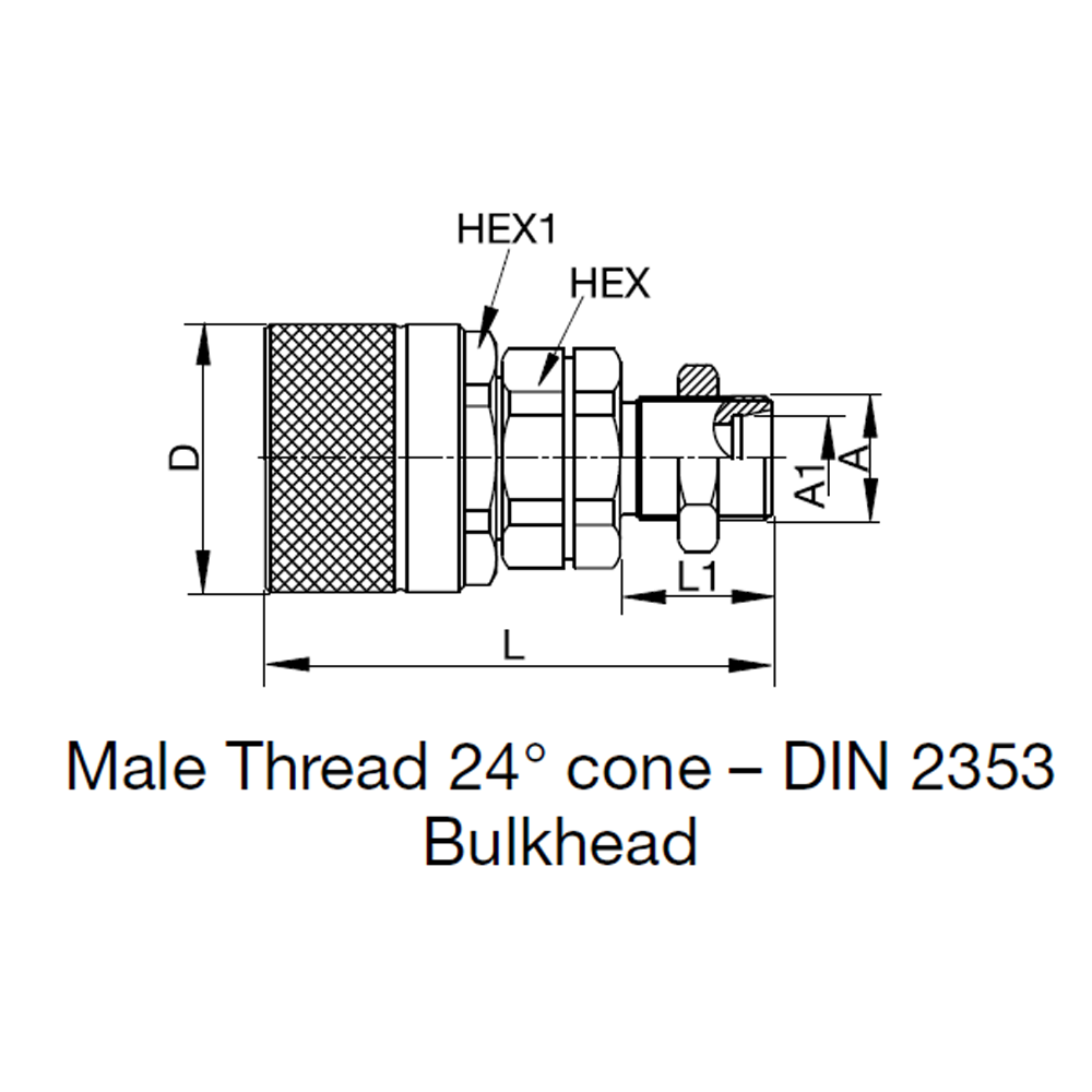 Serie QHPA Skruelynkobling Han - Udvendig Gevind 24° Konus - Skotgennemføring - 3/8 to 1/2""